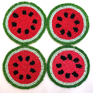 NEW!! (4) Watermelon Beaded 4" Round Red Summer Coasters, Set of 4